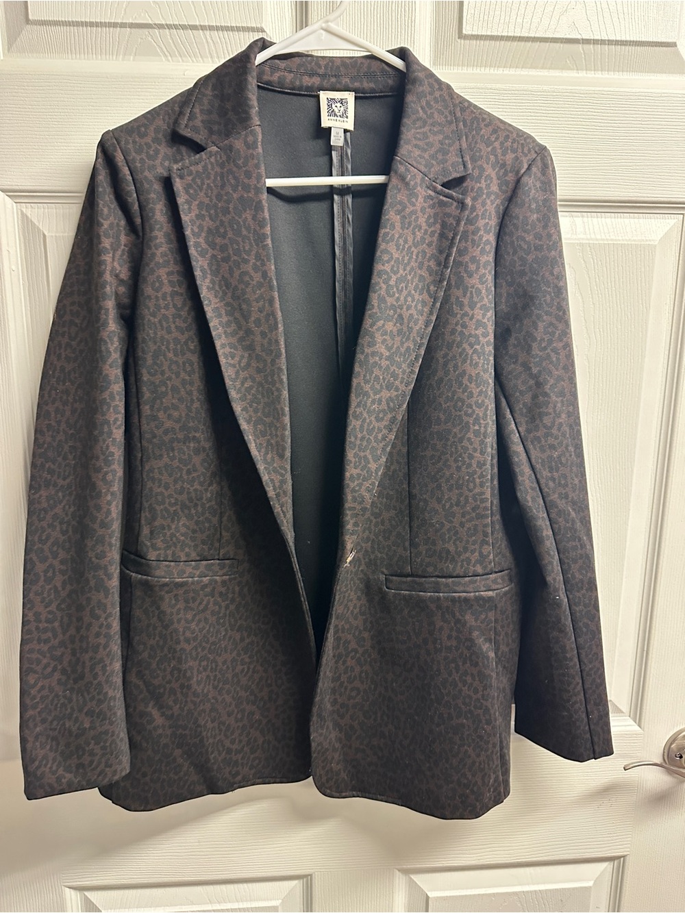 Anne Klein Dark Brown Leopard Jacquard Single-Button Blazer